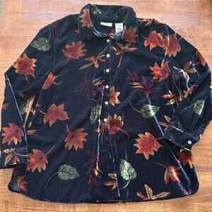 Velvet Autumn Leaf Print Button-Down Blouse, Cozy Fall Fashion